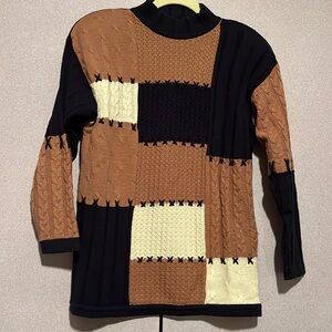 Color block knit sweater, black, camel and tan